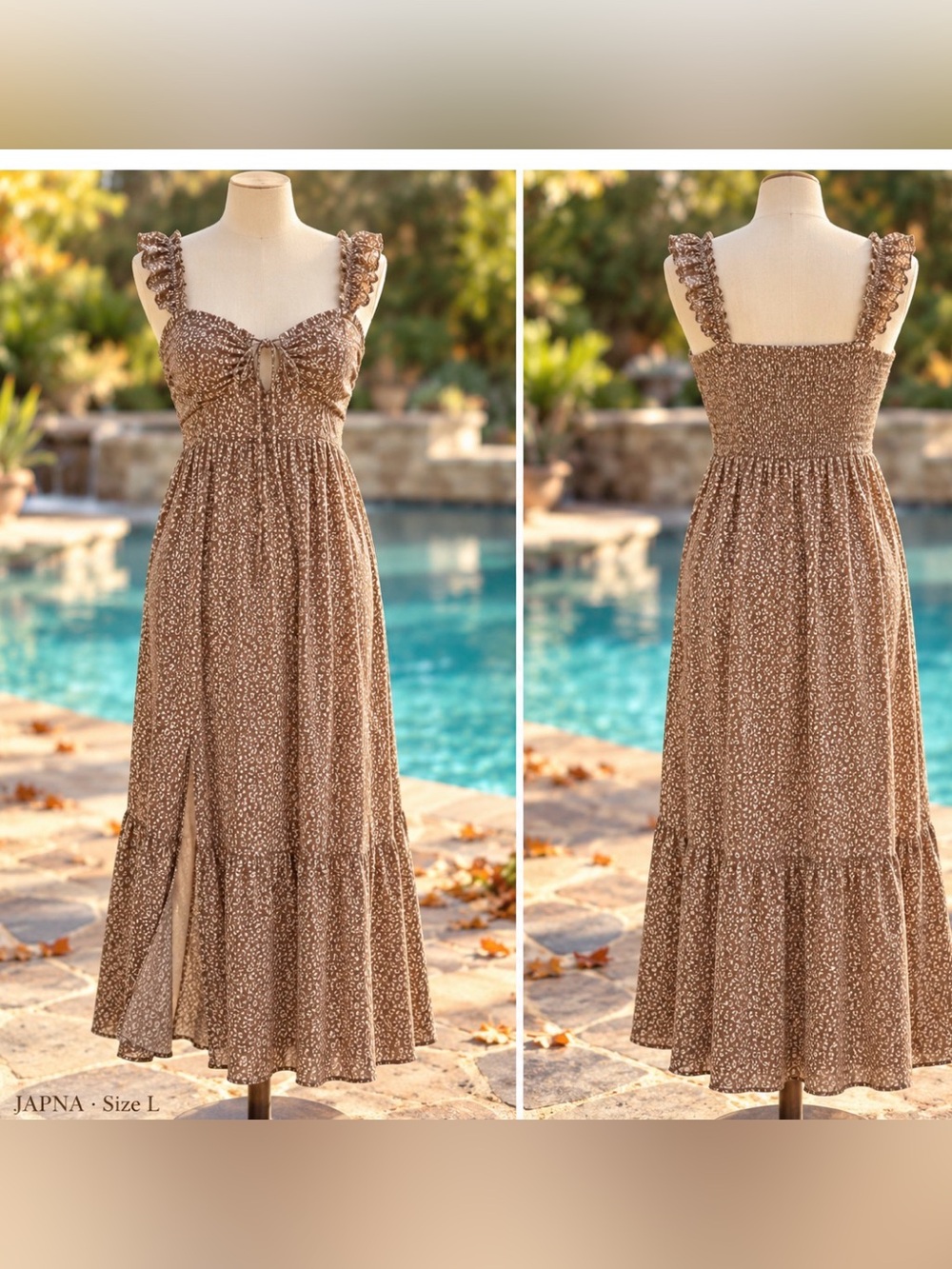 Smocked Ruffle Strap Brown Floral Midi Dress